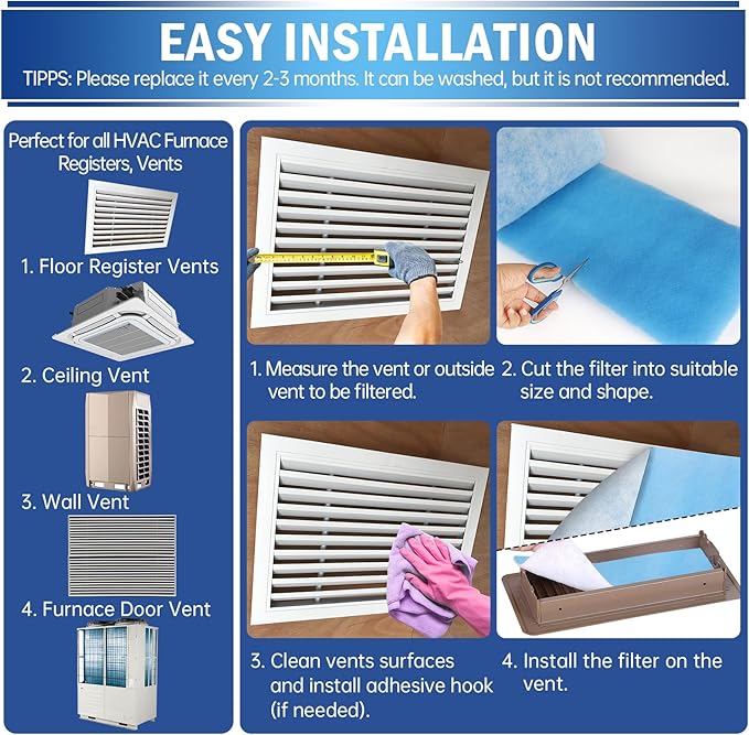 UBeesize Air Vent Filters, 12" x 90" Cut to Size Air Filter Material (35+ Filters), MERV 8 Triple Vent Filter Kit for Home Floor, Grilles, Ceiling, HVAC Furnace Vent, With 48PCs Adhesive Hook Tape