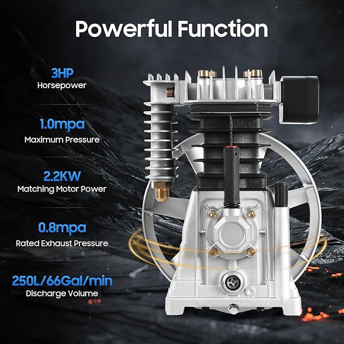 3HP Air Compressor Pump Head with Suction Valve and Cooling Fan Piston Cylinder Assembly for High Output Garage or Industrial Use