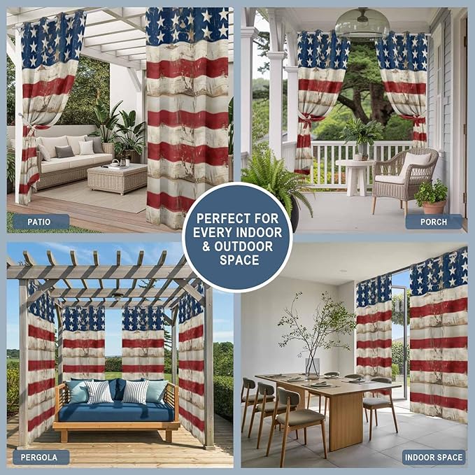 4th of July Outdoor Curtains for Patio USA Flag Independence Day Vintage Waterproof Outside Curtains with Grommet Top Weatherproof Curtain for Cabana Pergola Gazebo, 2 Pack, 54" W x 108" L