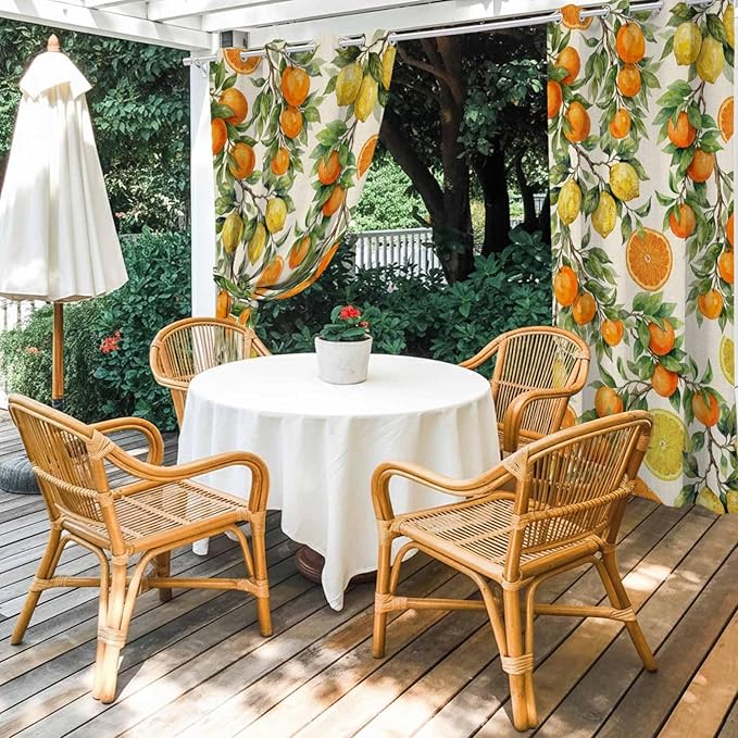 Lemons Yellow Orange Summer Plant Linen Outdoor Curtains for Patio Waterproof Outside Curtains with Grommet Top Weatherproof Curtain for Cabana Pergola Gazebo, 2 Pack, 54" W x 95" L