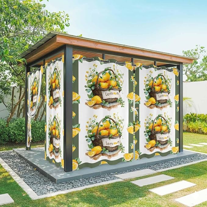 Lemon Outdoor Curtains for Patio Lemons Baskets Summer Tropical Plant Waterproof Outside Curtains with Grommet Top Weatherproof Curtain for Cabana Pergola Gazebo, 2 Pack, 54" W x 84" L
