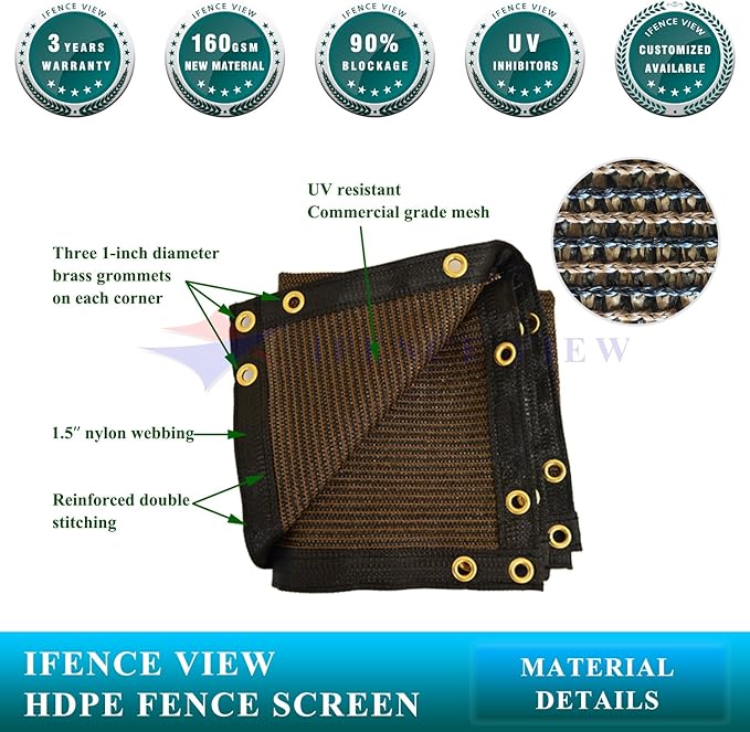 Ifenceview 6'x1' to 6'x100' Brown Shade Cloth Panels Fence Privacy Screen Fabric Mesh Net for Construction Site Yard Driveway Garden Railing Pool Balcony Canopy Awning 160 GSM (6' x 96')