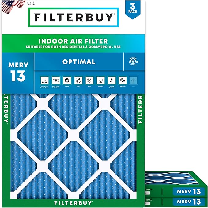 Filterbuy 15x20x1 Air Filter MERV 13 Optimal Smoke & Allergy Defense (3-Pack), Electrostatic Pleated HVAC AC Furnace Filters Replacement, Made in USA (Actual Size: 14.50 x 19.50 x 0.75)