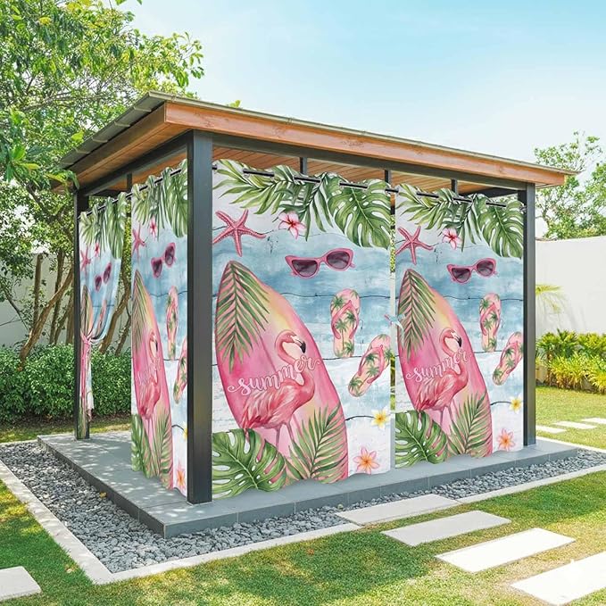 Summer Flamingbirds Outdoor Curtains for Patio Palm Leaves Plumeria Wood Waterproof Outside Curtains with Grommet Top Weatherproof Curtain for Cabana Pergola Gazebo, 2 Pack, 54" W x 84" L