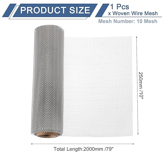 uxcell 10 Mesh 79" x 10" Woven Wire Mesh, 316 Stainless Steel Air Vent Filter Screen, Window Screen Mesh for DIY Projects Vents Cover Filtration Animals Fence