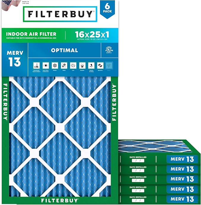 Filterbuy 16x25x1 Air Filter MERV 13 Optimal Smoke & Allergy Defense (6-Pack), Electrostatic Pleated HVAC AC Furnace Filters Replacement, Made in USA (Actual Size: 15.50 x 24.50 x 0.75)