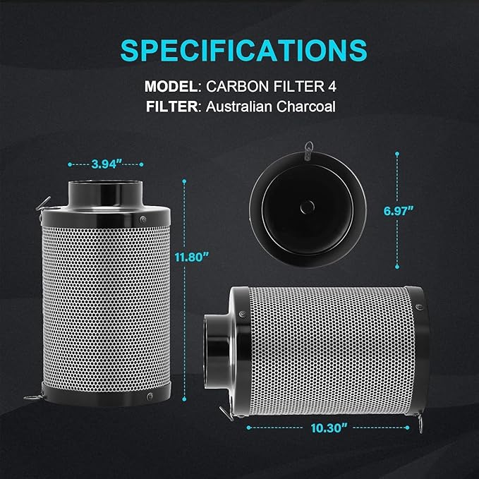 iPower 4 Inch 195 CFM Inline Fan Circulation Vent Blower, Upgrade 4" Air Carbon Filter with Prefilter and 8 Feet Aluminum Ducting, for Grow Tent Hydroponics Ventilation