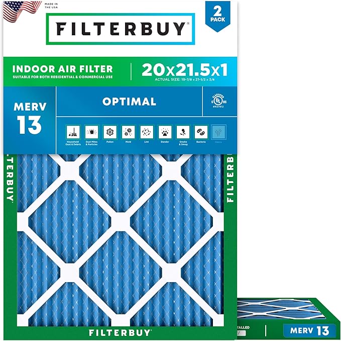 Filterbuy 20x21.5x1 Air Filter MERV 13 Optimal Smoke & Allergy Defense (2-Pack), Electrostatic Pleated HVAC AC Furnace Filters Replacement, Made in USA (Actual Size: 19.88 x 21.50 x 0.75)