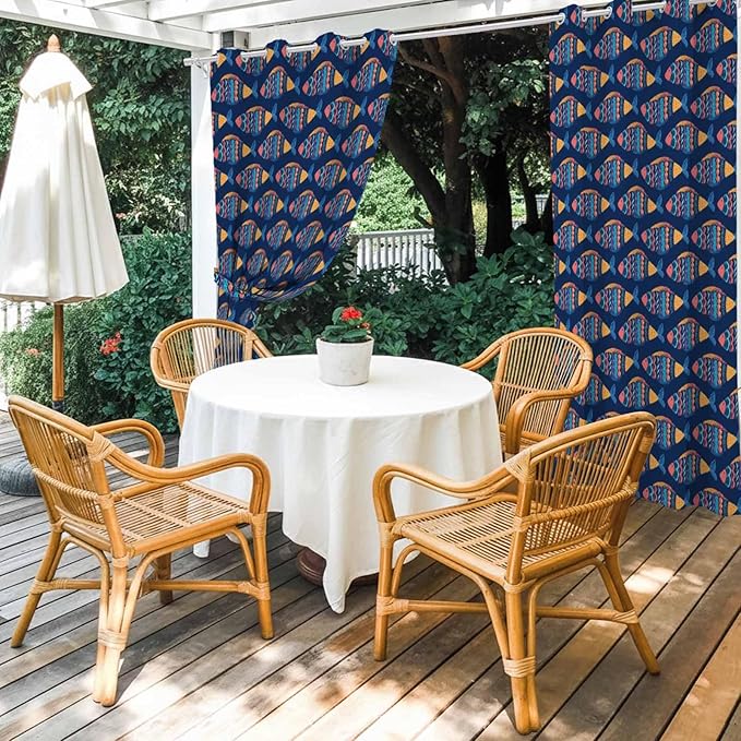 Fish Outdoor Curtains for Patio Vintage National Wind Fish Blue Waterproof Outside Curtains with Grommet Top Weatherproof Curtain for Cabana Pergola Gazebo, 1 Panel, 54" W x 84" L