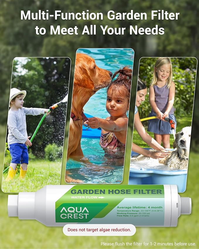 AQUACREST Garden Hose Water Filter for Plants, Greatly Reduces Chlorine, Odor, Improve Plants Health, Ideal for Organic Gardening, Farming and Pets, with Hose Protector