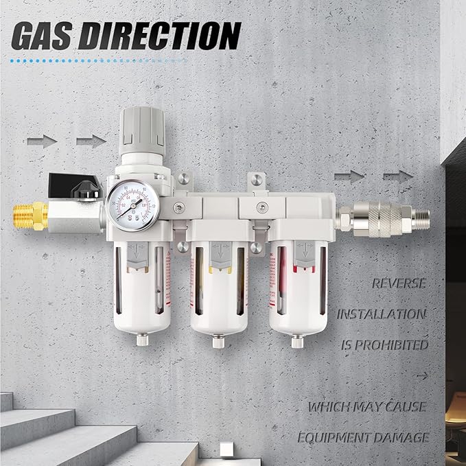 Industrial 3/8" NPT 3 Stage Air Drying System,Coalescing Filter, Particulate Filter and Air Regulator, Manual Drain for Air Tools and Spray Paint Gun