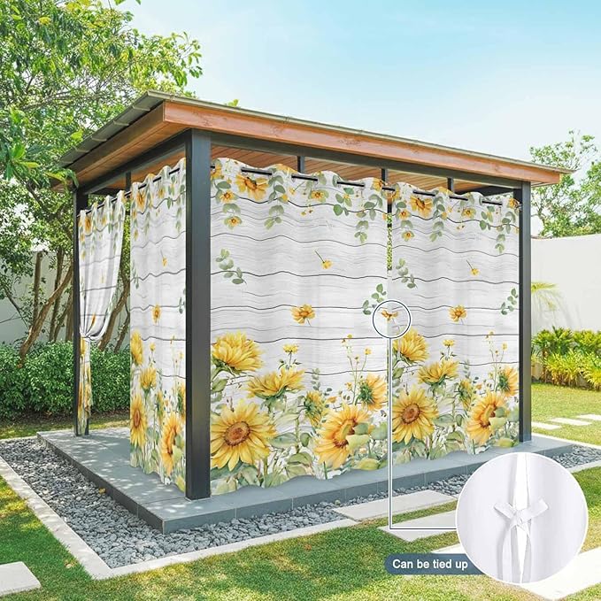 Sunflowers Outdoor Curtains for Patio Summer Floral Eucalyptus Leaf Wood Plank Waterproof Outside Curtains with Grommet Top Weatherproof Curtain for Cabana Pergola Gazebo, 2 Pack, 54" W x 108" L
