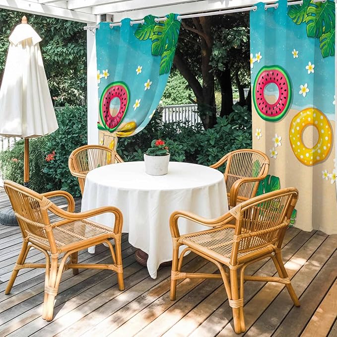 Summer Outdoor Curtains for Patio Plumeria Swimming Circles Ocean Beach Waterproof Outside Curtains with Grommet Top Weatherproof Curtain for Cabana Pergola Gazebo, 1 Panel, 54" W x 84" L