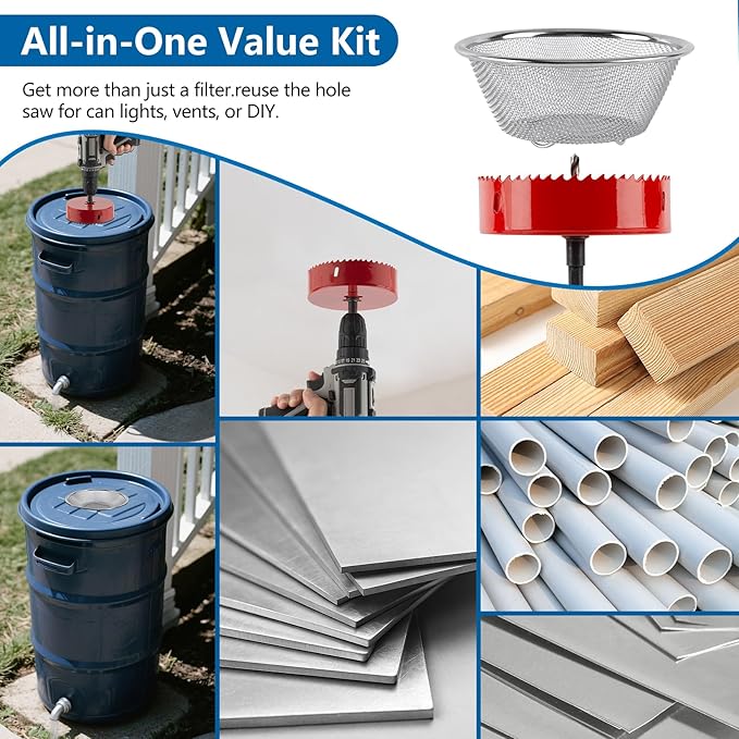 5" Rain Barrel Screen Kit with Hole Saw Tool - Complete Aluminum Mesh Cover & DIY Filter for Easy Rainwater Collection from Gutters