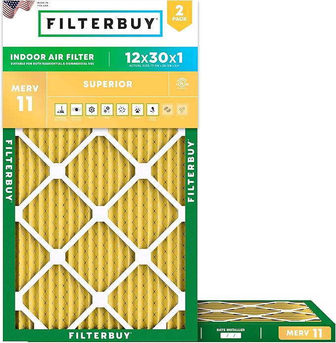 Filterbuy 12x30x1 Air Filter MERV 11 Superior Pet & Allergy Defense (2-Pack), Electrostatic Pleated HVAC AC Furnace Filters Replacement, Made in USA (Actual Size: 11.88 x 29.88 x 0.75)