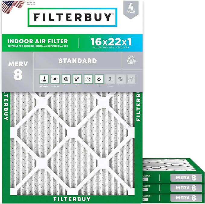 Filterbuy 16x22x1 Air Filter MERV 8 Essential Dust & Allergy Defense (4-Pack), Electrostatic Pleated HVAC AC Furnace Filters Replacement, Made in USA (Actual Size: 15.50 x 21.50 x 0.75)
