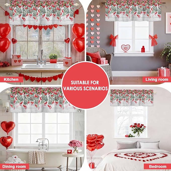 Poinsettia Berry Valance Curtains for Kitchen, Red Floral Winter Plants Vintage Wood Grain Privacy Rod Pocket Valance Curtain, Light-Filtering Window Treatment for Bedroom Bathroom, 60"x18"