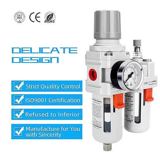 NANPU 3/8" NPT Compressed Air Filter Regulator Lubricator Combo Water/Oil Trap Separator - Gauge(0-150 psi), Poly Bowl, Semi-Auto Drain, Bracket - 3 in 1 Two Unit