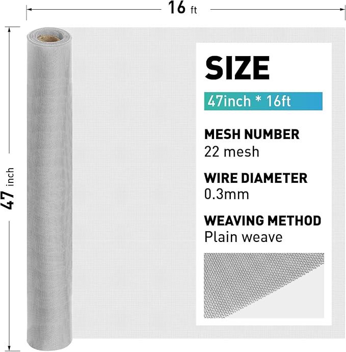 304 Stainless Steel Mesh Window Screen Roll, 47IN x 16FT Silver Metal Window Screen Replacement,Window Screen Mesh for Window,Door,Patio,Pet,Vent,Filter,Porch,Cage and DIY Project (22 Mesh)