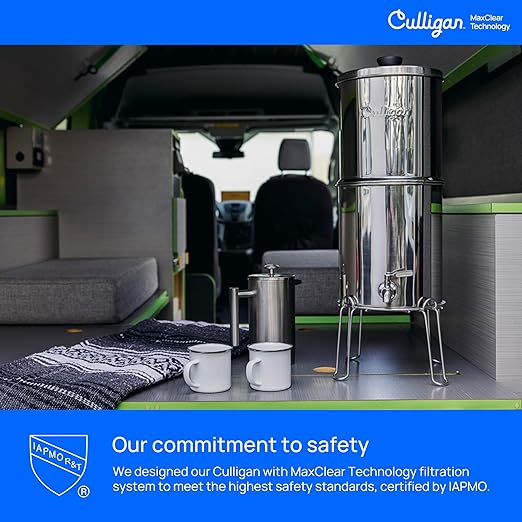 Culligan MaxClear 3 Gallon Gravity Water Filter System, Brushed Stainless-Steel Countertop Water Filter NSF/ANSI Certified to Reduce Microplastics, Lead & Total PFAS, with 2 Ceramic Filters