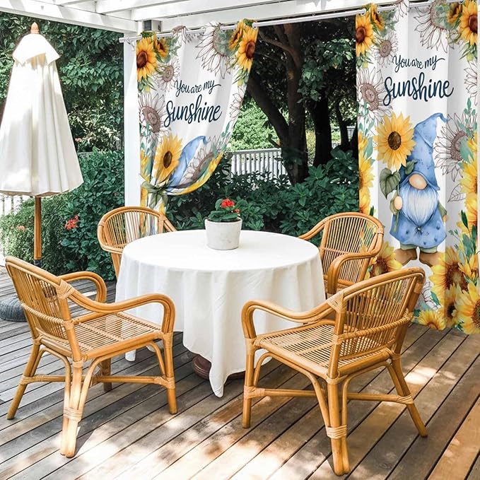 Summer Outdoor Curtains for Patio Sunflowers Gnome Eucalyptus Leaves Waterproof Outside Curtains with Grommet Top Weatherproof Curtain for Cabana Pergola Gazebo, 2 Pack, 54" W x 108" L