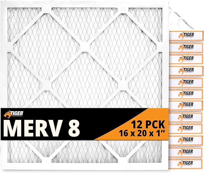 Tiger Tough 16x20x1 Air Filter MERV 8 MPR 600-800, High-Performance Pleated HVAC AC Furnace Filter Replacement for Home, 12-Pack