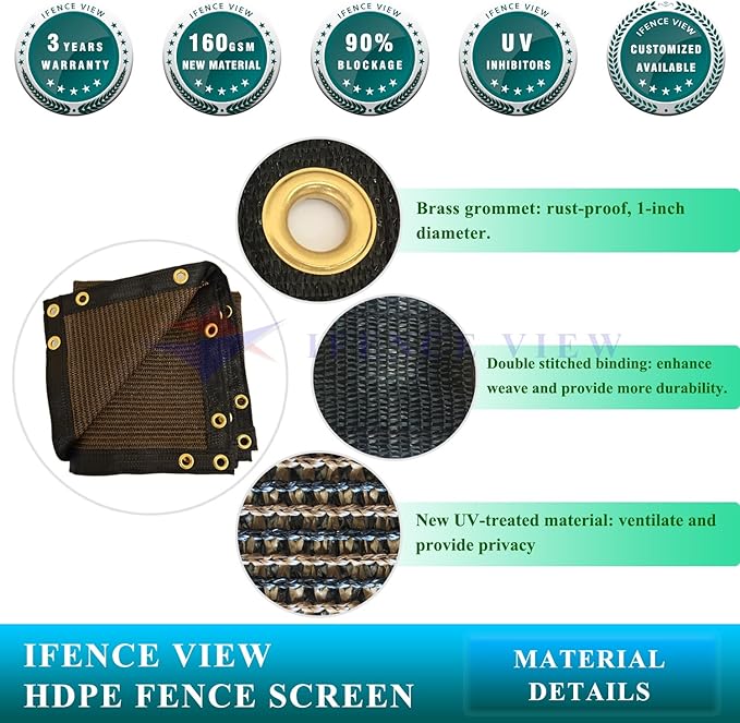 Ifenceview 6'x1' to 6'x100' Brown Shade Cloth Panels Fence Privacy Screen Fabric Mesh Net for Construction Site Yard Driveway Garden Railing Pool Balcony Canopy Awning 160 GSM (6' x 96')