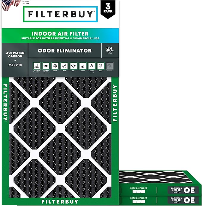 Filterbuy 14x24x1 Air Filter MERV 10 Odor & Allergy Defense with Activated Carbon (3-Pack), Electrostatic Pleated HVAC AC Furnace Filters Replacement, Made in USA (Actual Size: 13.38 x 23.38 x 0.75)