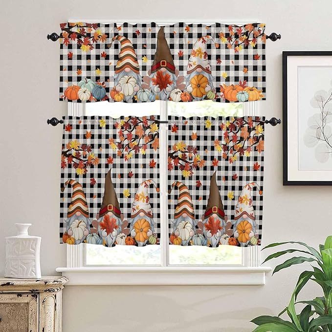 Thanksgiving Gnomes Kitchen Curtain Set, Fallen Maple Leaf Pumpkin Black Plaid Window Valance and Tiers 24" Length, Light Filtering Short Curtains Valance for Cafe Bathroom Bedroom 54"x18"
