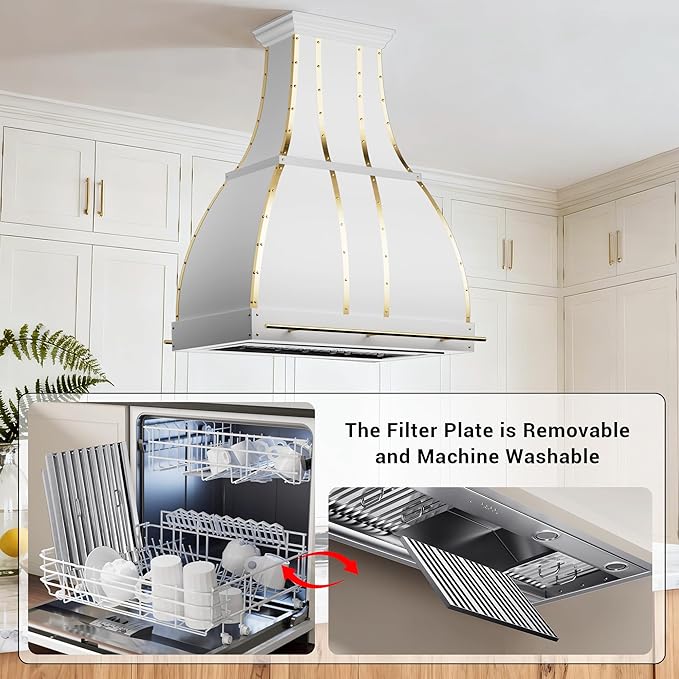 CHETTO C Stainless Steel Range Hood Cover with 4-Speed Vent Hood Insert Custom Handcrafted Metal Kitchen Fan with Towel Rack LED Light 60"W x27"D x36"H White Island Mount