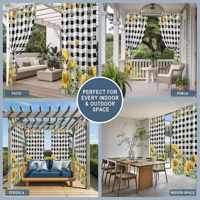Sunflowers Outdoor Curtains for Patio Summer Floral Eucalyptus Leaf Buffalo Check Waterproof Outside Curtains with Grommet Top Weatherproof Curtain for Cabana Pergola Gazebo, 2 Pack, 54" W x 108" L
