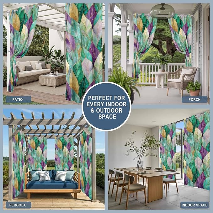 Leaves Outdoor Curtains for Patio Gorgeous Leaf Abstract Spring Waterproof Outside Curtains with Grommet Top Weatherproof Curtain for Cabana Pergola Gazebo, 2 Pack, 54" W x 108" L