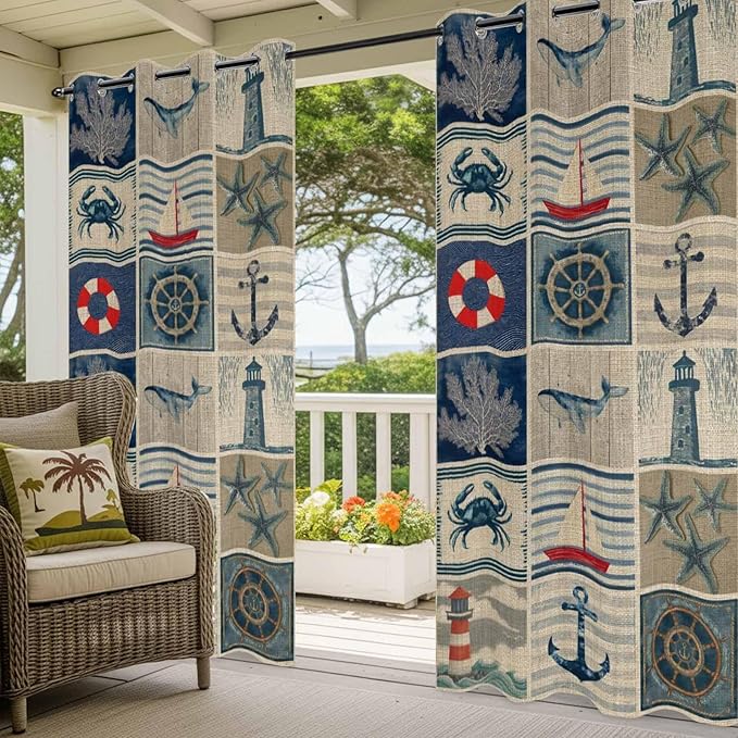 Oceans Outdoor Curtains for Patio Shell Starfish Whales Summer Vintage Waterproof Outside Curtains with Grommet Top Weatherproof Curtain for Cabana Pergola Gazebo, 1 Panel, 54" W x 84" L