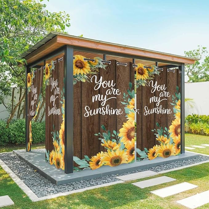 Summer Outdoor Curtains for Patio Sunflowers Eucalyptus Leaves Wood Waterproof Outside Curtains with Grommet Top Weatherproof Curtain for Cabana Pergola Gazebo, 1 Panel, 54" W x 84" L