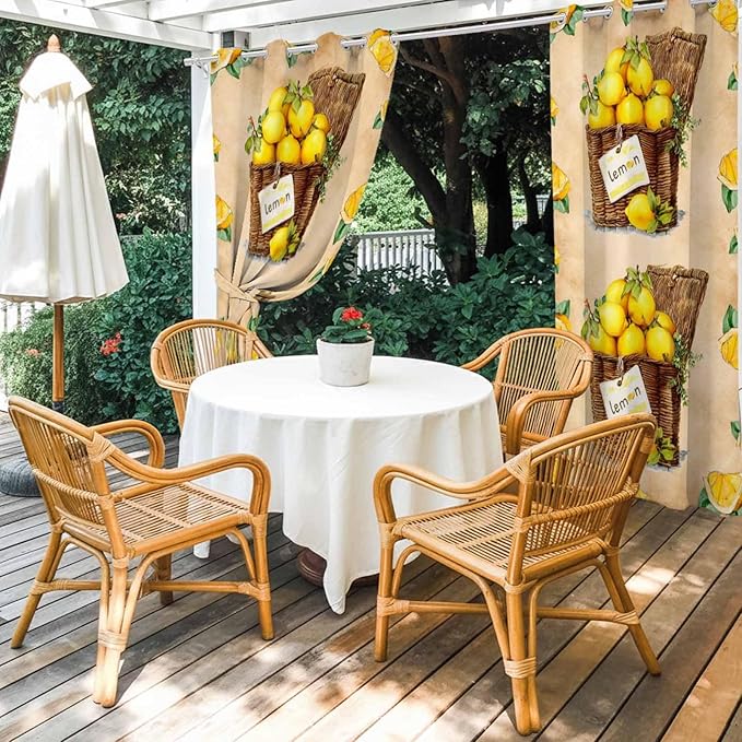 Lemon Outdoor Curtains for Patio Lemons in Baskets Summer Tropical Plant Brown Waterproof Outside Curtains with Grommet Top Weatherproof Curtain for Cabana Pergola Gazebo, 1 Panel, 54" W x 108" L