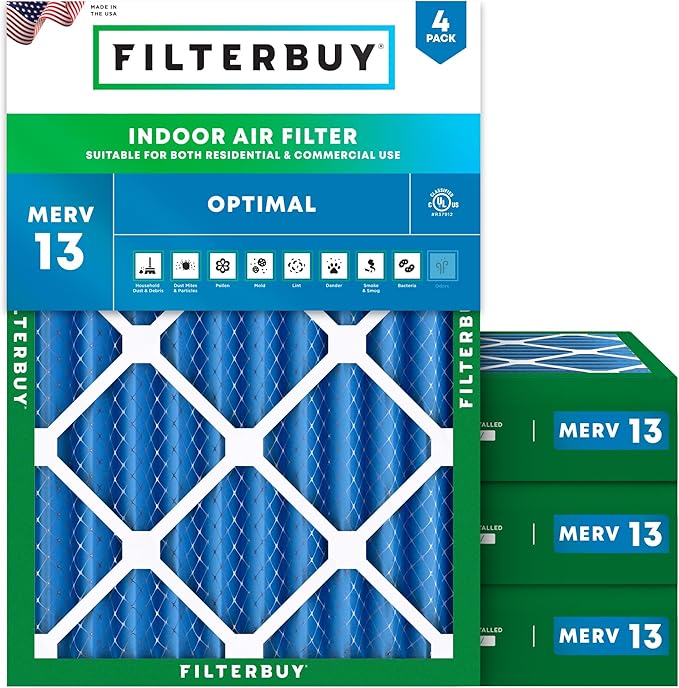 Filterbuy 20x23x4 Air Filter MERV 13 Optimal Smoke & Allergy Defense (4-Pack), Electrostatic Pleated HVAC AC Furnace Filters Replacement, Made in USA (Actual Size: 19.50 x 22.50 x 3.63)