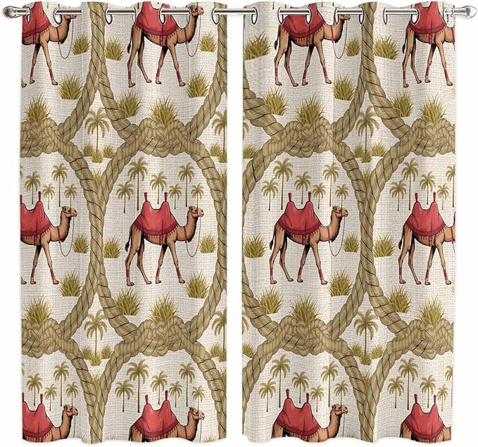 2 Panel Kitchen Cafe Curtains, Camels Palm Trees Sunlight Filtering Nature Air Through, Window Decor Tier Curtains for Living Room 104W x 84L inch Desert Date Coconut Trees Leaves Cords Beige