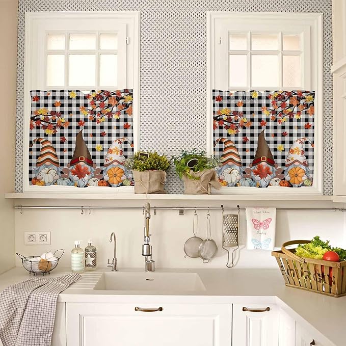 Thanksgiving Gnomes Kitchen Curtain Set, Fallen Maple Leaf Pumpkin Black Plaid Window Valance and Tiers 36" Length, Light Filtering Short Curtains Valance for Cafe Bathroom Bedroom 54"x18"