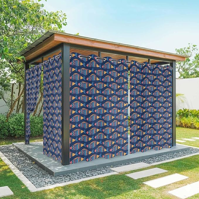 Fish Outdoor Curtains for Patio Vintage National Wind Fish Blue Waterproof Outside Curtains with Grommet Top Weatherproof Curtain for Cabana Pergola Gazebo, 1 Panel, 54" W x 108" L