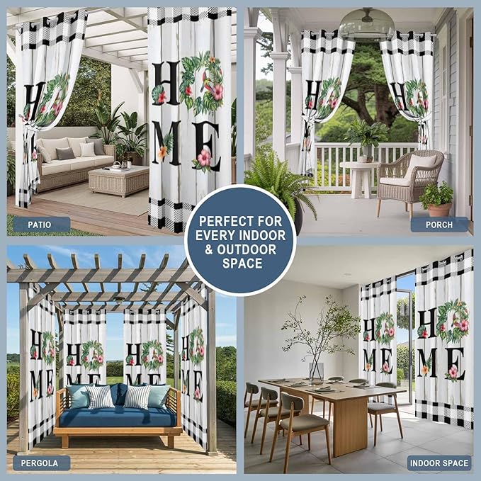 Summer Outdoor Curtains for Patio Leaves Garland Plumeria Wood Buffalo Plaid Waterproof Outside Curtains with Grommet Top Weatherproof Curtain for Cabana Pergola Gazebo, 1 Panel, 54" W x 95" L