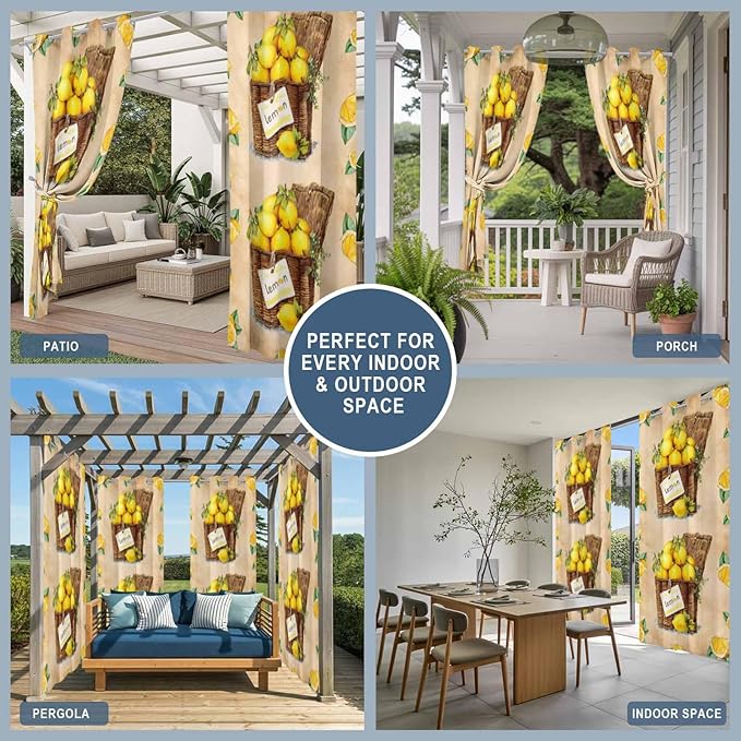 Lemon Outdoor Curtains for Patio Lemons in Baskets Summer Tropical Plant Brown Waterproof Outside Curtains with Grommet Top Weatherproof Curtain for Cabana Pergola Gazebo, 1 Panel, 54" W x 95" L