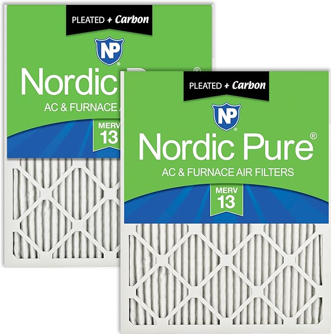 Nordic Pure 20x20x1 (Actual Size: 19 1/2 x 19 1/2 x 3/4) Pleated Air Filters MERV 13 Plus Carbon 2 Pack