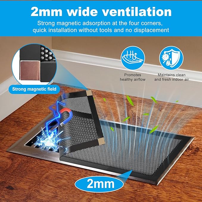 4-Pack 7"x11" Powerful Magnetic Vent Covers - Super Strong Neodymium Magnets, No Slip & No Drill Needed - Secure Fit for Floor/Wall/Ceiling Registers - Durable Air Vent Screen (Black, 7x11)