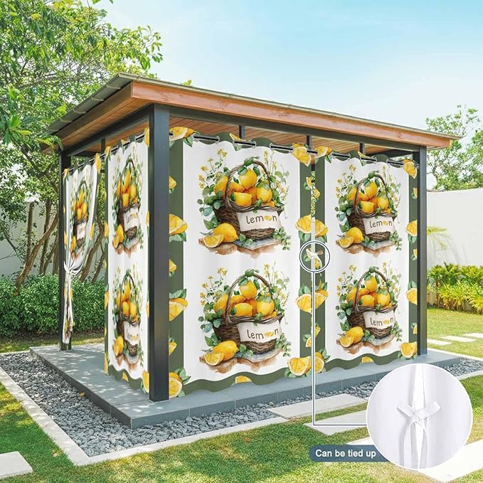 Lemon Outdoor Curtains for Patio Lemons Baskets Summer Tropical Plant Waterproof Outside Curtains with Grommet Top Weatherproof Curtain for Cabana Pergola Gazebo, 2 Pack, 54" W x 108" L