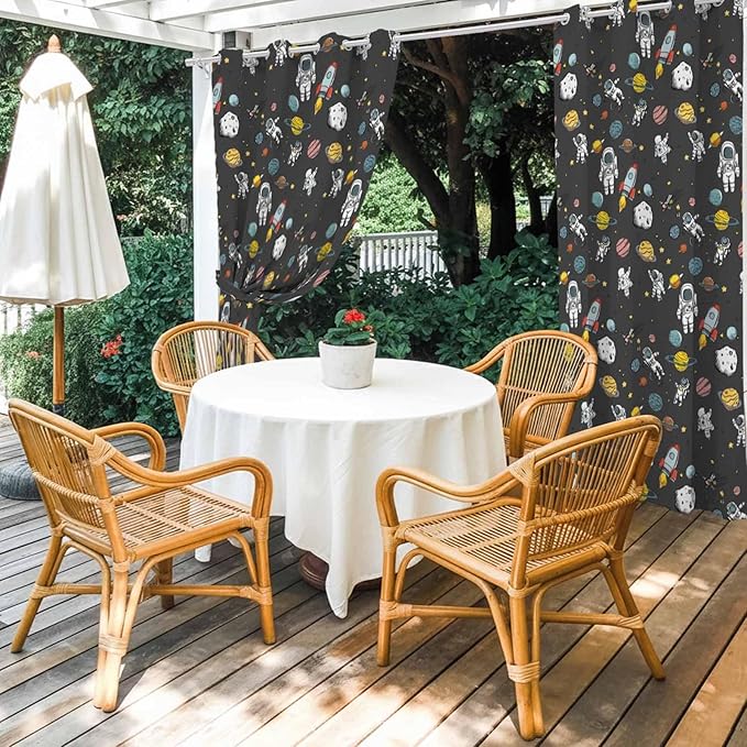 Cartoon Space Outdoor Curtains for Patio Rockets Planets Astronauts Gray Waterproof Outside Curtains with Grommet Top Weatherproof Curtain for Cabana Pergola Gazebo, 2 Pack, 54" W x 95" L