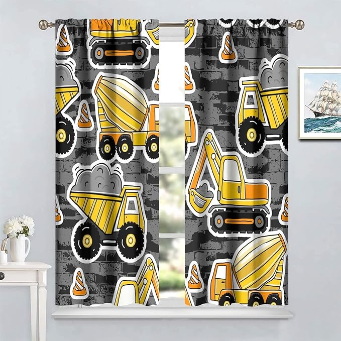 Kids Construction Excavator Window Curtains, Yellow Excavator Transporter Truck Cartoon Vehicles Rod Pocket Decorative Window Curtain for Children Teens Room 63x63in (30% Blackout)