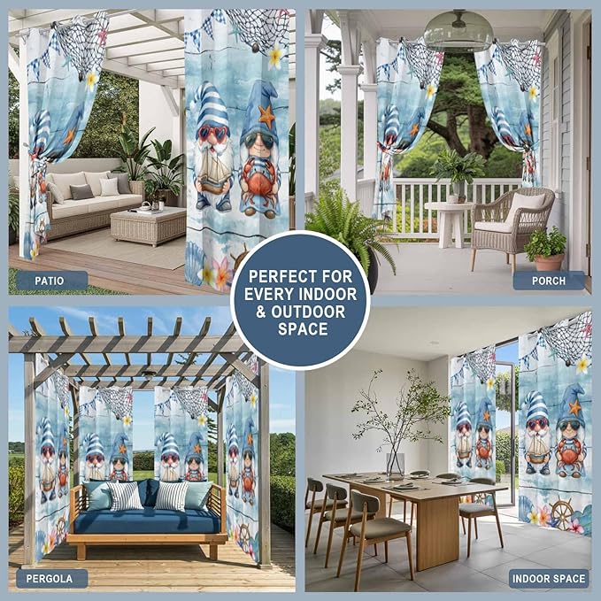 Ocean Gnome Outdoor Curtains for Patio Summer Marine Plumeria Shell Wood Blue Waterproof Outside Curtains with Grommet Top Weatherproof Curtain for Cabana Pergola Gazebo, 1 Panel, 54" W x 108" L