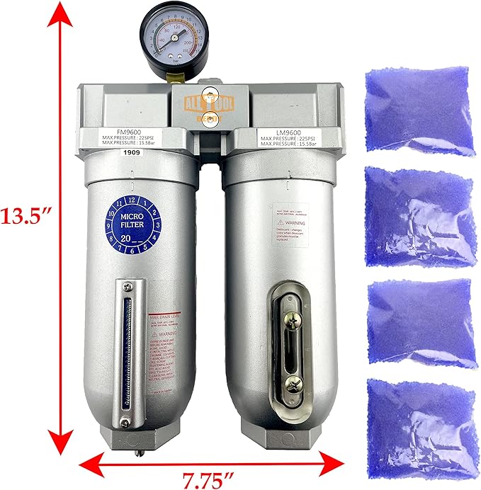 1" NPT SUPER DUTY Industrial Grade 2 Stages Coalescing Filter Desiccant Dryer System For Compressed Air Lines, Metal Bowls, Great For Paint Spray And Plasma Cutter