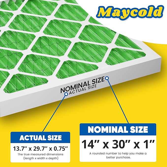 Maycold MERV 13 14x30x1 Air Filter (2-Pack), High-Efficiency Pleated AC & Furnace Filters, Actual Size: 13.70” x 29.70” x 0.75”, Individually Wrapped in Plastic