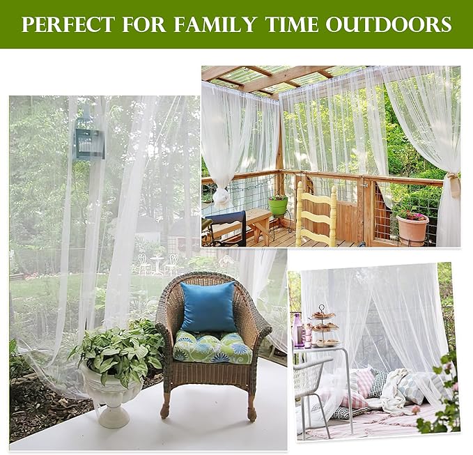 RYB HOME 2 Panels Garden Netting Size Adjustable Porch Screen Mesh Outdoor Curtains Lightweight Mosquito Curtains for Patio Gazebo Pool Hut Bug Netting, White, 59 inches Wide x 108 inches Long